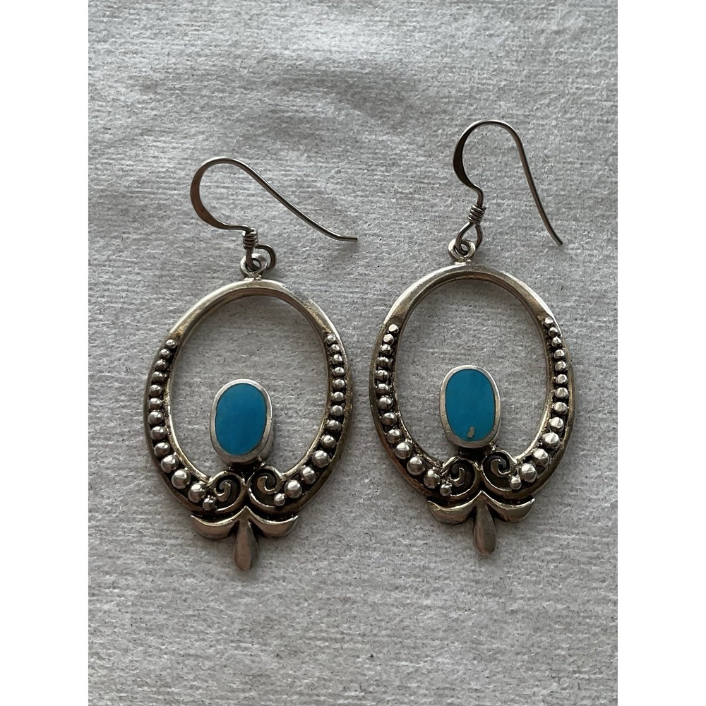 Vintage 925 Sterling Silver Moongate Turquoise Hoop Earrings Dangle Drop Estate